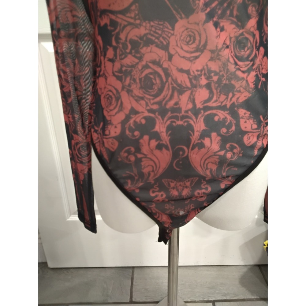 SHEIN Gothic Damask Mesh Bodysuit Red Black Sacred Heart Skeleton Mock Neck 0XL - Picture 3 of 8